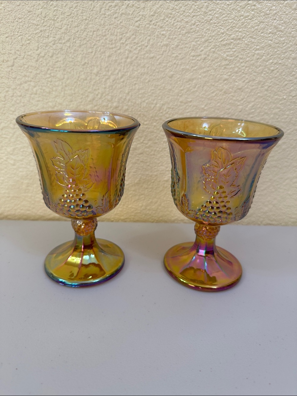 Vintage Indiana Glass Harvest Grape Goblets Marigold Carnival Glass - Set of 2